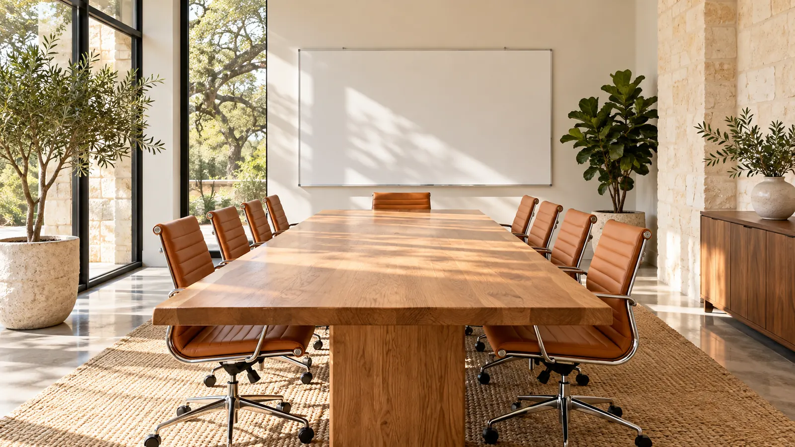 An empty bright meeting room with a long table, chairs and a blank whiteboard