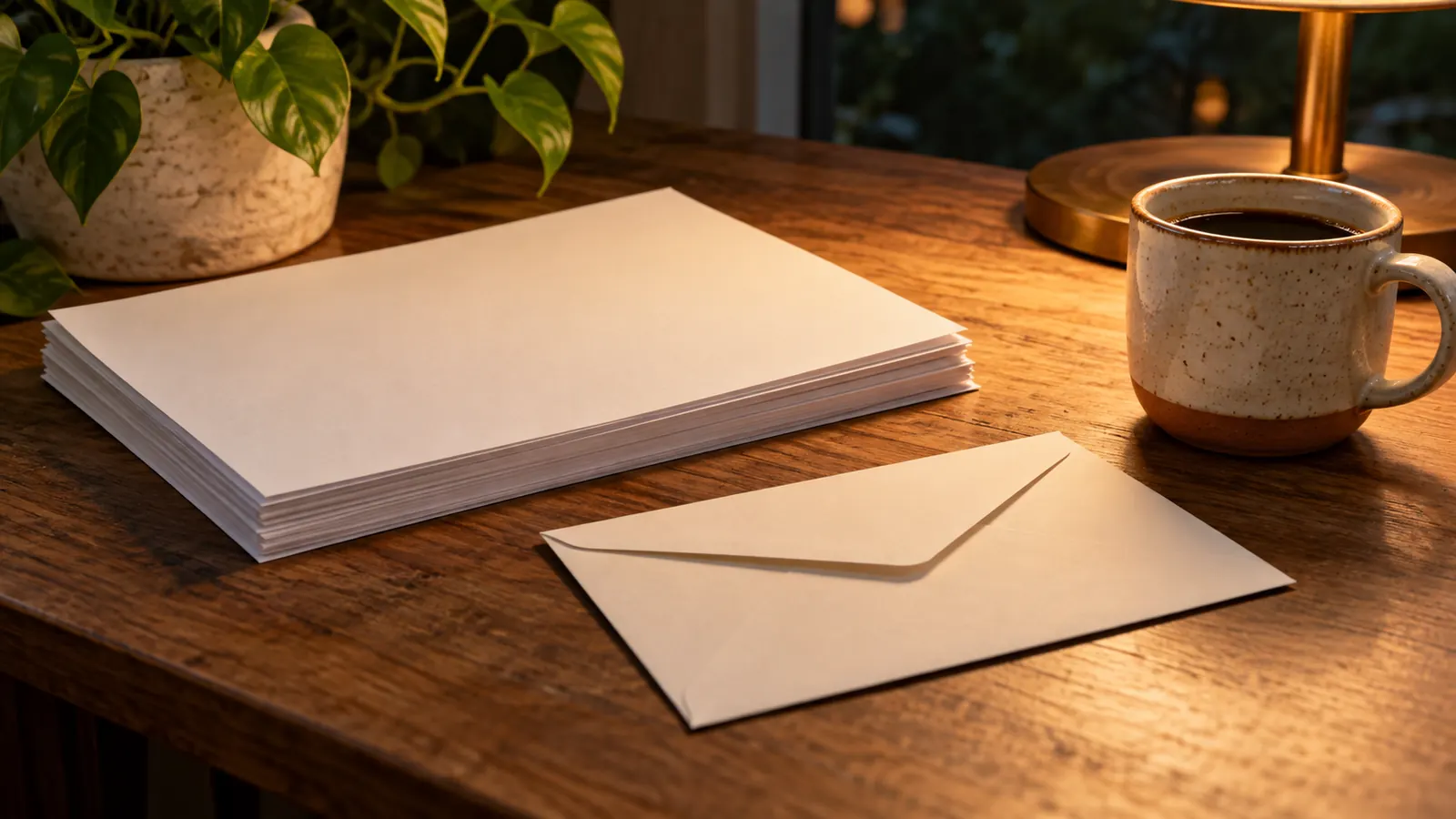 A plain envelope and a stack of blank paper on a desk lamp-lit in the evening, a coffee mug nearby