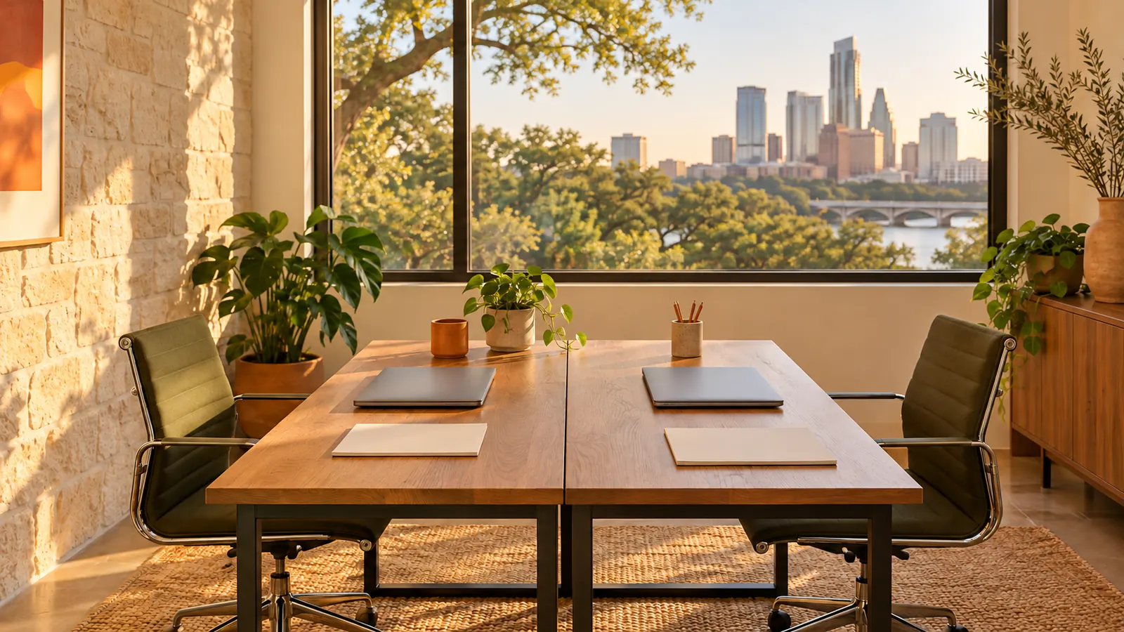 Two empty desks facing each other with two chairs and two closed laptops in a small sunny office