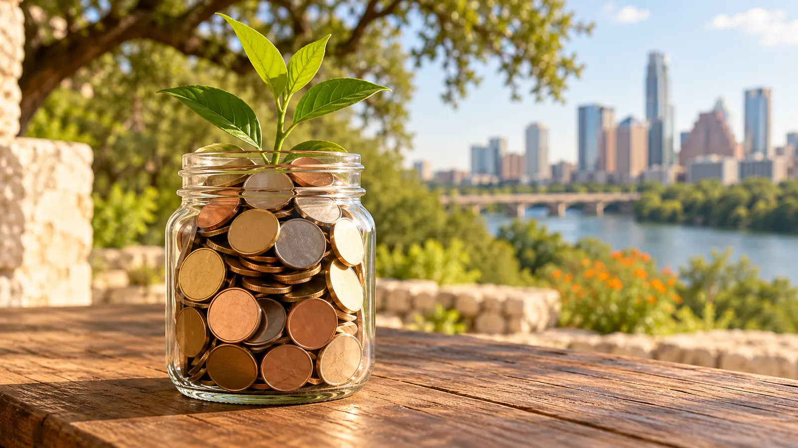 A glass jar of coins with a small green plant sprouting from the top, on a wooden table